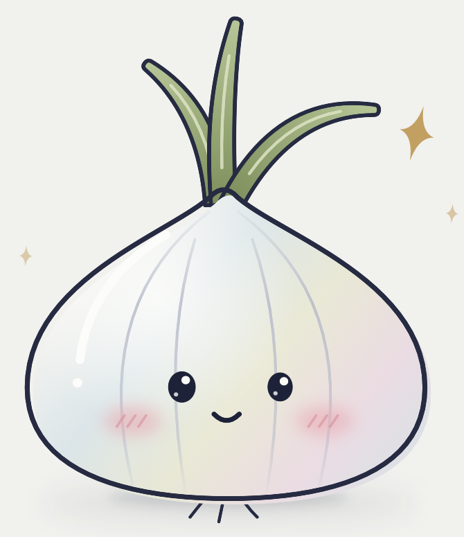 A small pearly onion with a sprout, smiling